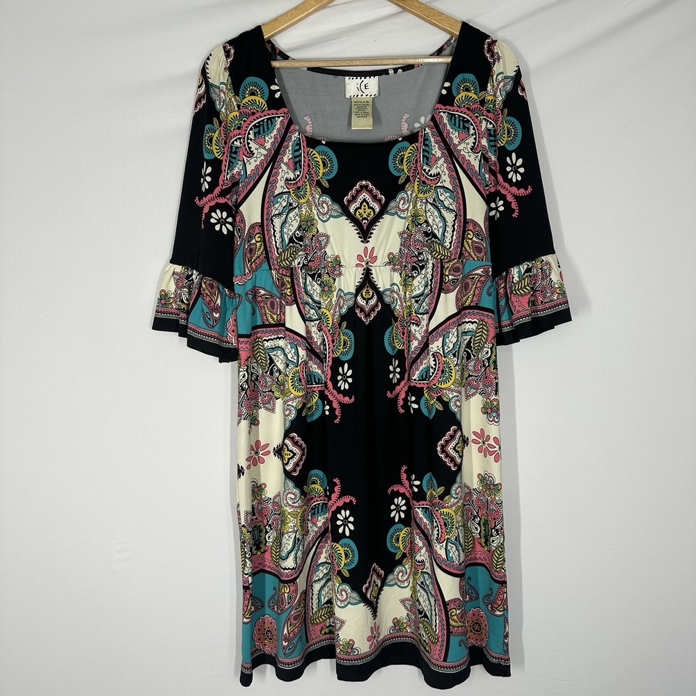 WOMEN'S MULTICOLORED PAISLEY FLORAL BELL SLEEVE SQUARE NECK XL